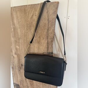 DKNY Black Leather Evening Shoulder Bag – Gold Chain Strap, Convertible Clutch